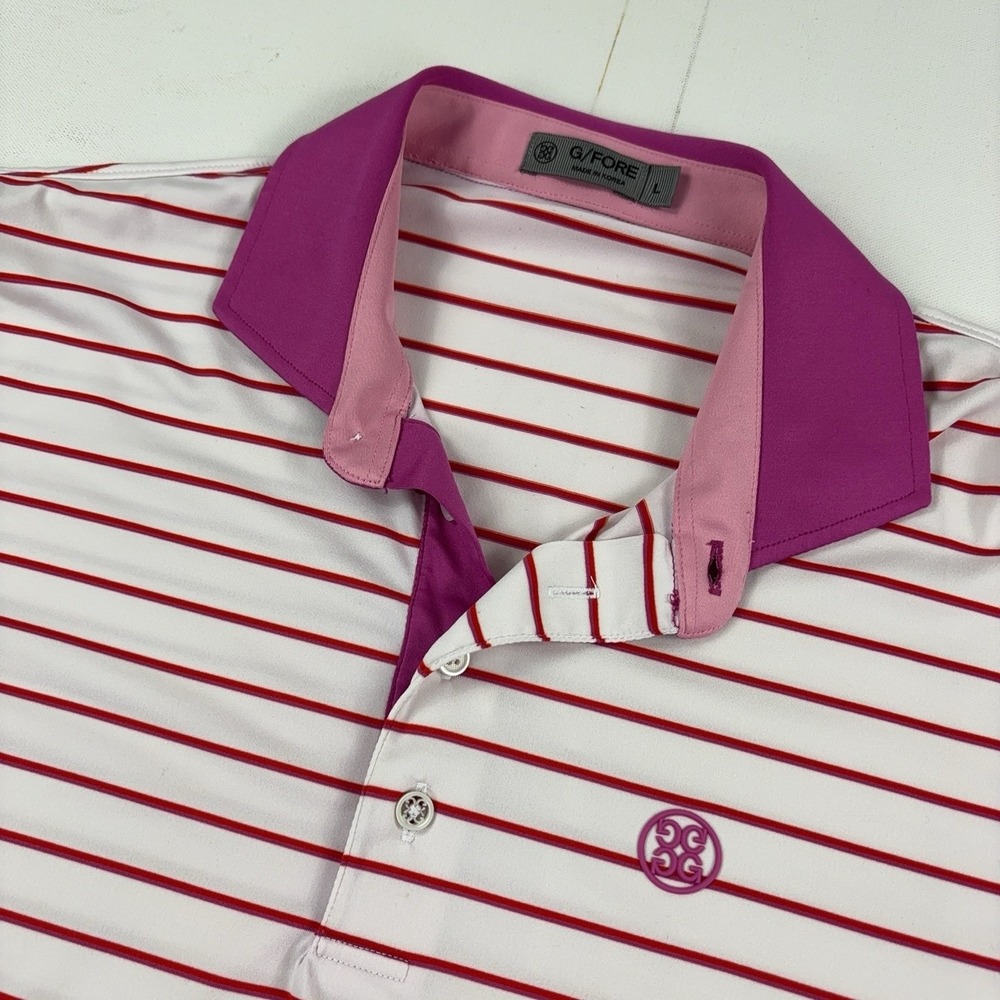 G/FORE Polo Shirt Mens Large Pink Stripe Performance Golf Short Sleeve Mediterra
